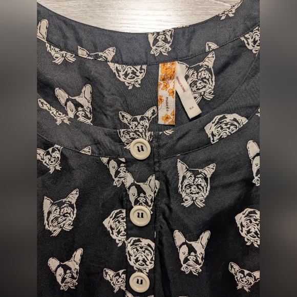 Anthropologie Black Dog Print 100% Silk Short Sleeve Button-Up Mini Slip Dress - Picture 6 of 8